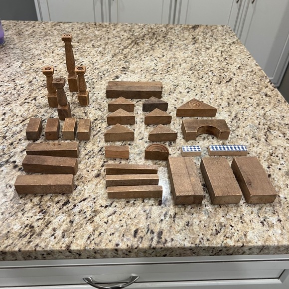 Other - Vintage Wooden Building Blocks Set Mixed Shapes Pillars Arches Natural Wood Toy